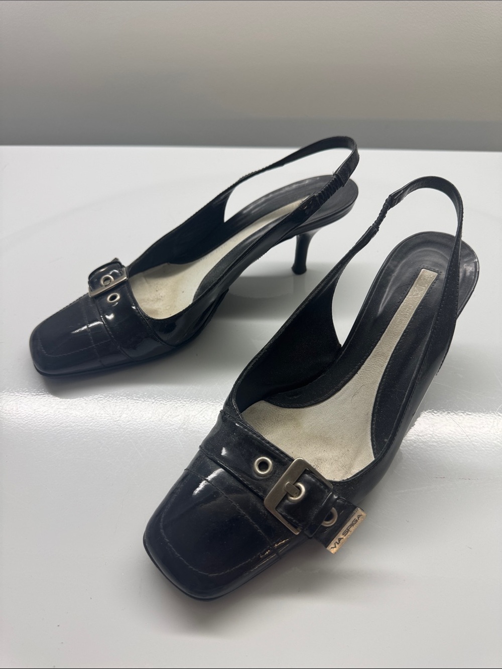 Via Spiga Black Patent Slingback Heels with Buckle